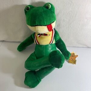 VTG 80s Goffa Plush Green Frog Stuffed Animal Buddy Toy with Suspenders Bow Tie‎